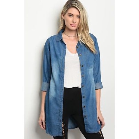 Long Sleeve Cotton Blend Tunic Top or Mini Dress New S M L Button Denim Wash